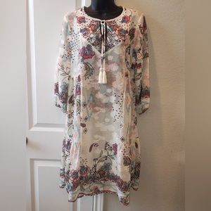 Reba Floral Boho Shift Dress Women’s Size Small Peplum Hem Tassels Sheer